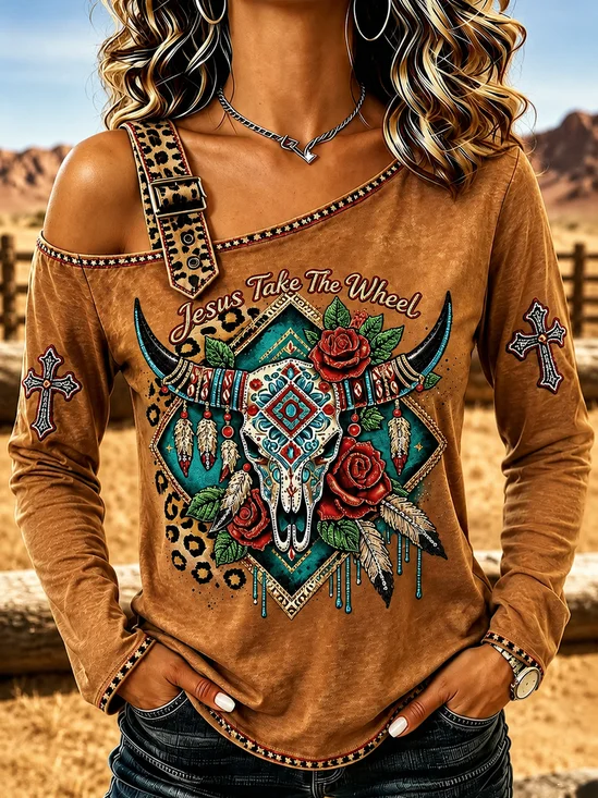 Women Text Letters One Shoulder Vintage Spring/Fall Long Sleeve Sweatshirt