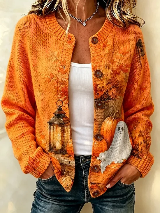 Women Halloween Printing Long Sleeve Crew Neck Vintage Spring/Fall Cardigan Outerwear