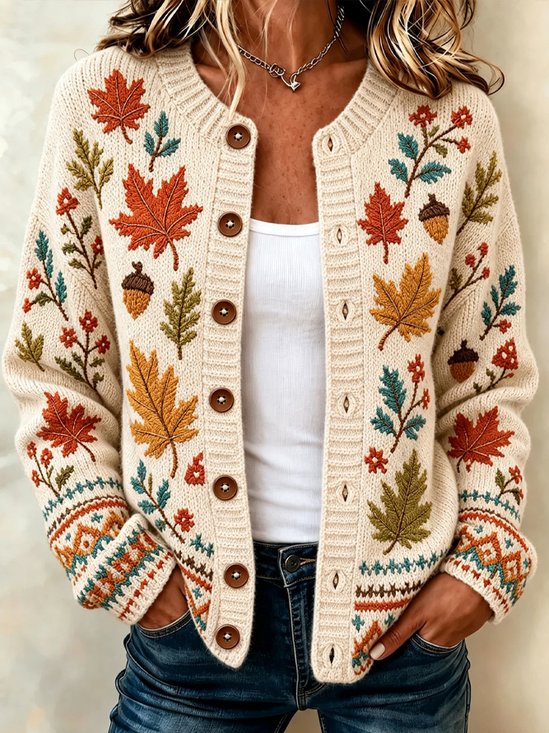 Women Maple Leaf Long Sleeve Crew Neck Casual Spring/Fall Cardigan Outerwear