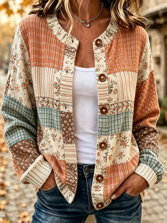 Women Floral Printing Long Sleeve Crew Neck Vintage Spring/Fall Cardigan Outerwear