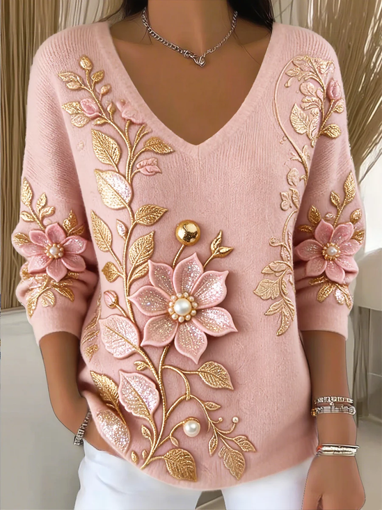 Women Floral Long Sleeve Tee T-shirt V Neck Printing Casual Spring/Fall Top