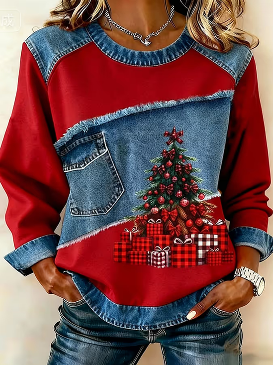 Women Christmas Crew Neck Printing Vintage Spring/Fall Long Sleeve Sweatshirt