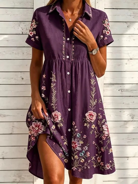 Women Floral Short Sleeve Shirt Collar Dress Daily Casual Midi A-Line Summer Dress