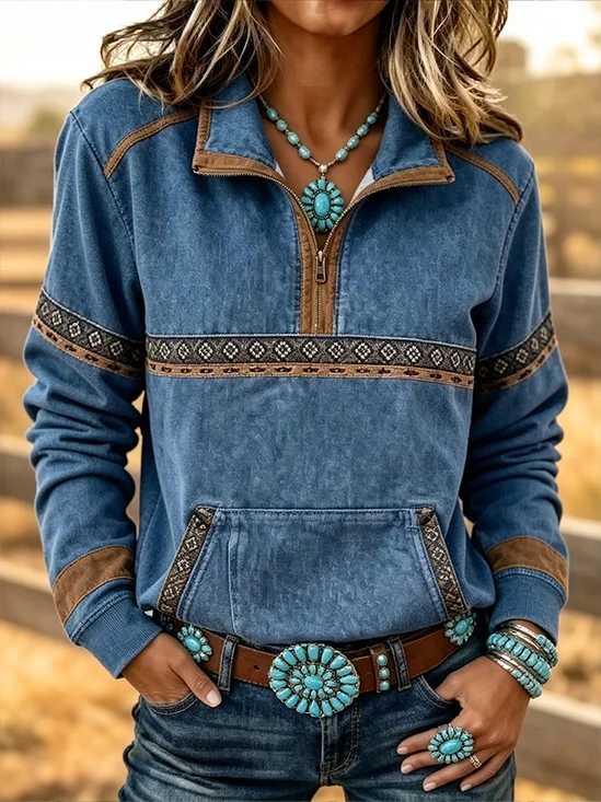 Women Wild West Stand Collar Western Style Spring/Fall Long Sleeve Sweatshirt