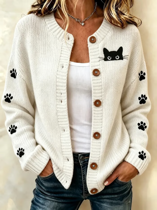 Women Cat Printing Long Sleeve Crew Neck Vintage Spring/Fall Cardigan Outerwear