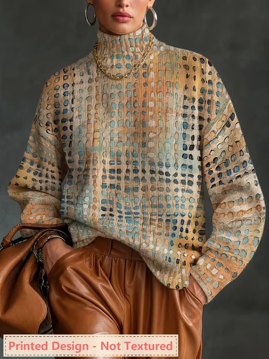 Women Geometric Vintage Long Sleeve Turtleneck Spring/Fall Sweater
