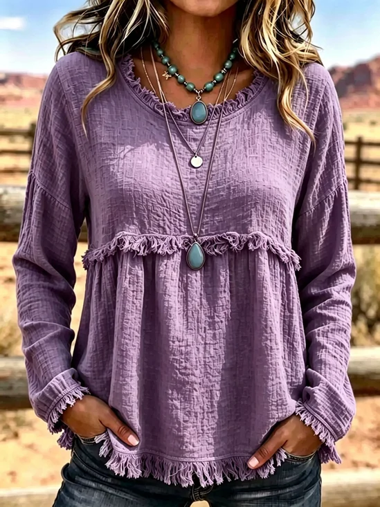 Women Plain Long Sleeve Tee T-shirt Crew Neck Tassel Vintage Spring/Fall Top