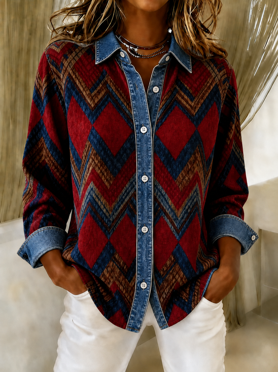 Women Geometric Shirt Collar Long Sleeve Shirt Printing Casual Daily Spring/Fall Top