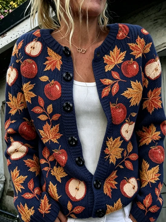 Women Maple Leaf Long Sleeve Crew Neck Casual Spring/Fall Cardigan Outerwear