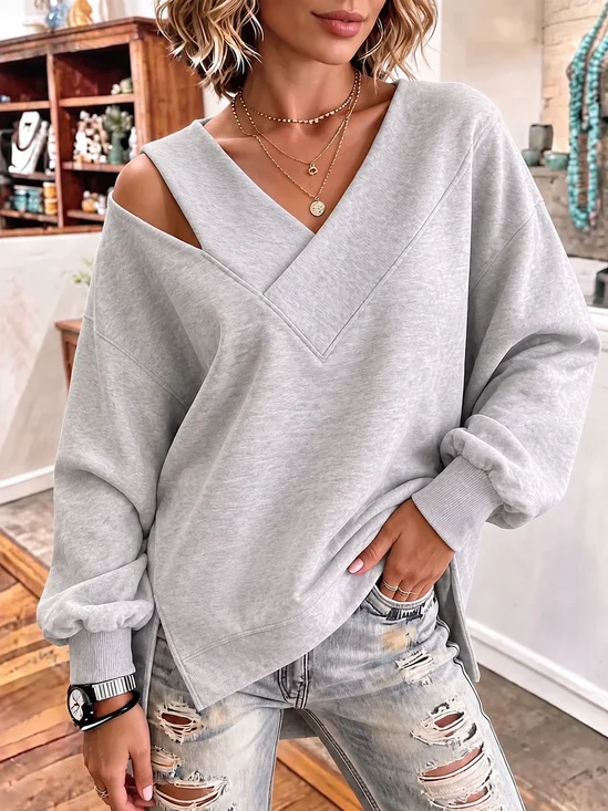 Women Plain V Neck Casual Spring/Fall Long Sleeve Sweatshirt