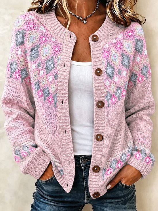 Women Geometric Long Sleeve Crew Neck Casual Spring/Fall Cardigan Outerwear