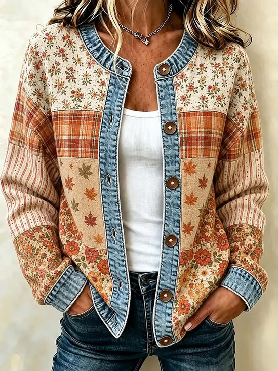 Women Floral Printing Long Sleeve Crew Neck Vintage Spring/Fall Cardigan Outerwear