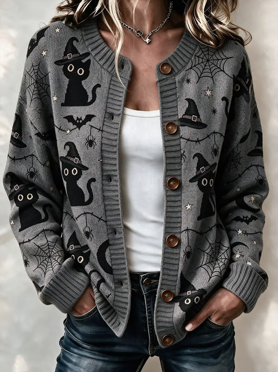 Women Cat Printing Long Sleeve Crew Neck Vintage Spring/Fall Cardigan Outerwear