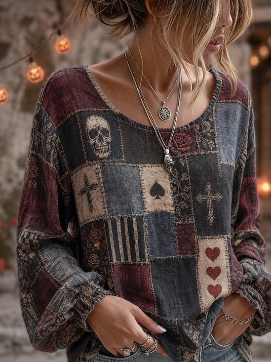 Women Plaid Crew Neck Long Sleeve Blouse Printing Vintage Holiday Spring/Fall Top