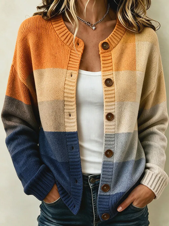 Women Abstract Printing Long Sleeve Crew Neck Vintage Spring/Fall Cardigan Outerwear