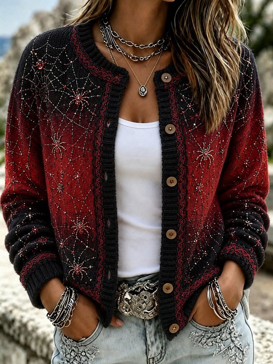 Women Spider Web Pattern Long Sleeve Crew Neck Vintage Spring/Fall Cardigan Outerwear