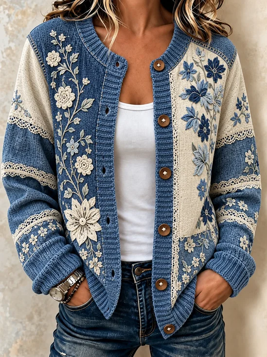 Women Floral Long Sleeve Crew Neck Casual Spring/Fall Cardigan Outerwear