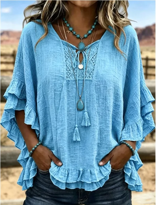 Women Plain Tie Neck Half Sleeve Blouse Vintage Daily Summer Top