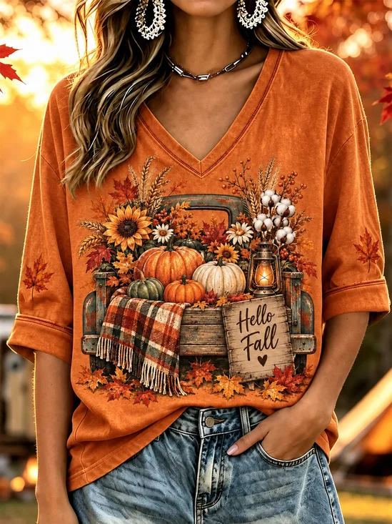 Women Text Letters Half Sleeve Tee T-shirt V Neck Printing Vintage Summer Top