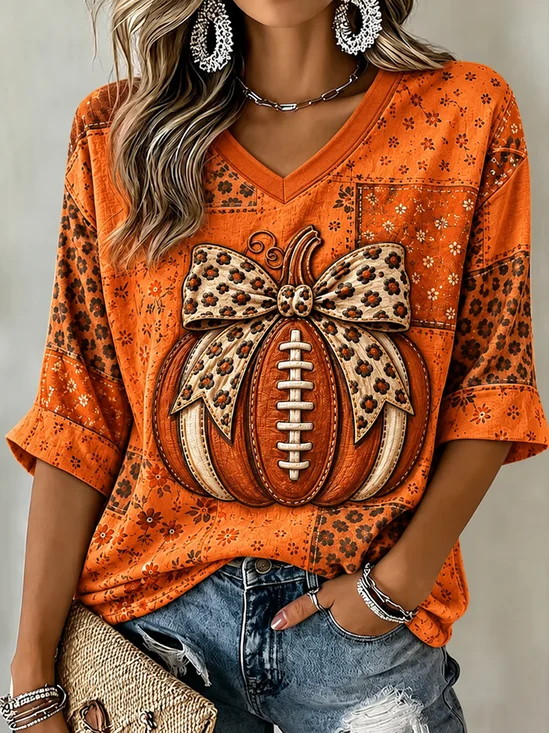 Women Leopard Half Sleeve Tee T-shirt V Neck Printing Vintage Summer Top