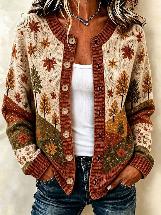 Women Maple Leaf Long Sleeve Crew Neck Casual Spring/Fall Cardigan Outerwear