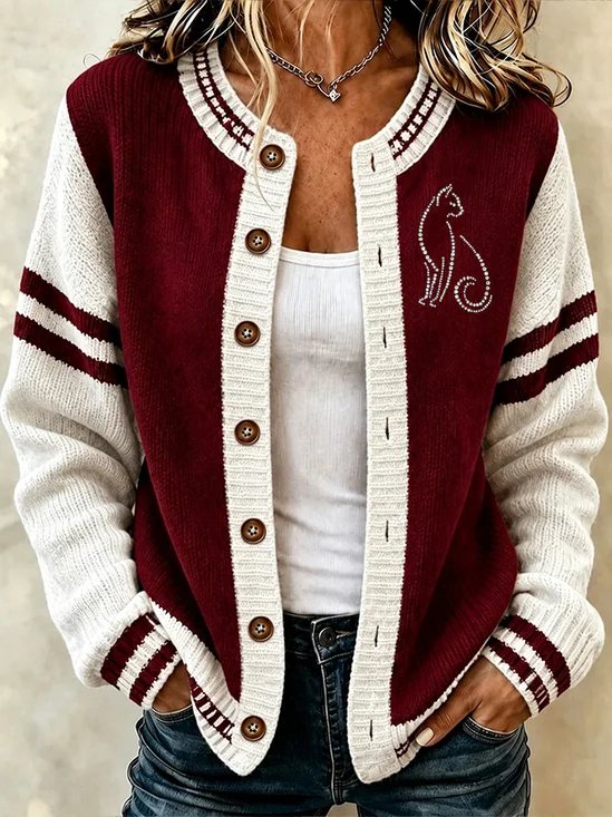 Women Geometric Long Sleeve Crew Neck Casual Spring/Fall Cardigan Outerwear