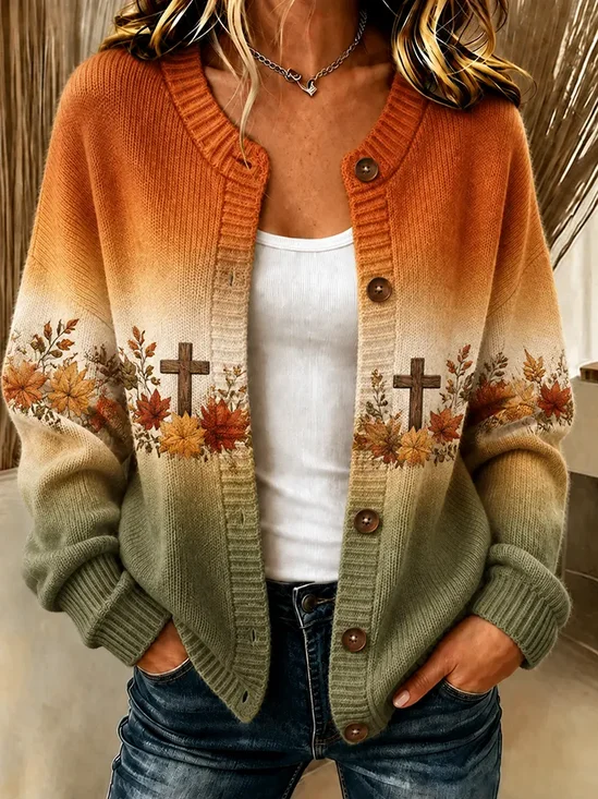 Women Maple Leaf Printing Long Sleeve Crew Neck Vintage Spring/Fall Cardigan Outerwear