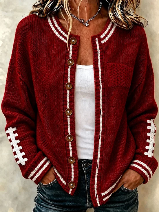 Women Geometric Long Sleeve Crew Neck Casual Spring/Fall Cardigan Outerwear
