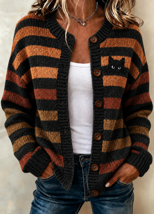 Women Striped Printing Long Sleeve Crew Neck Vintage Spring/Fall Cardigan Outerwear