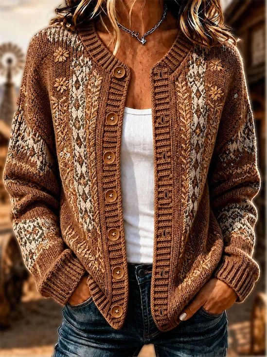 Women Geometric Long Sleeve Crew Neck Vintage Spring/Fall Cardigan Outerwear