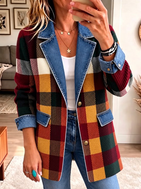 Women Geometric Long Sleeve Lapel Collar Vintage Spring/Fall Jacket Outerwear