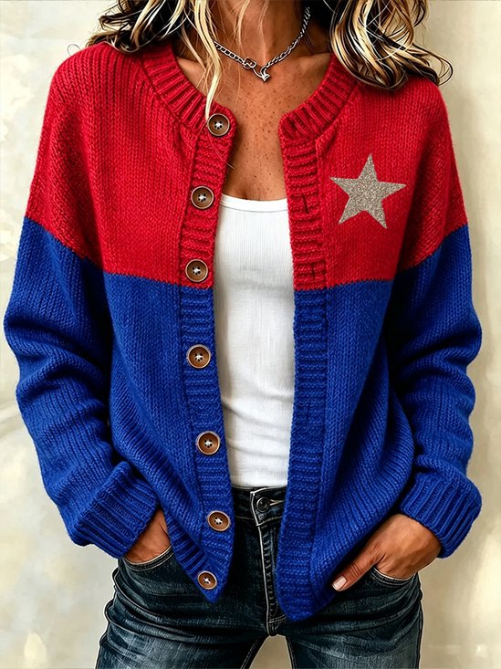 Women Color Block Long Sleeve Crew Neck Casual Spring/Fall Cardigan Outerwear