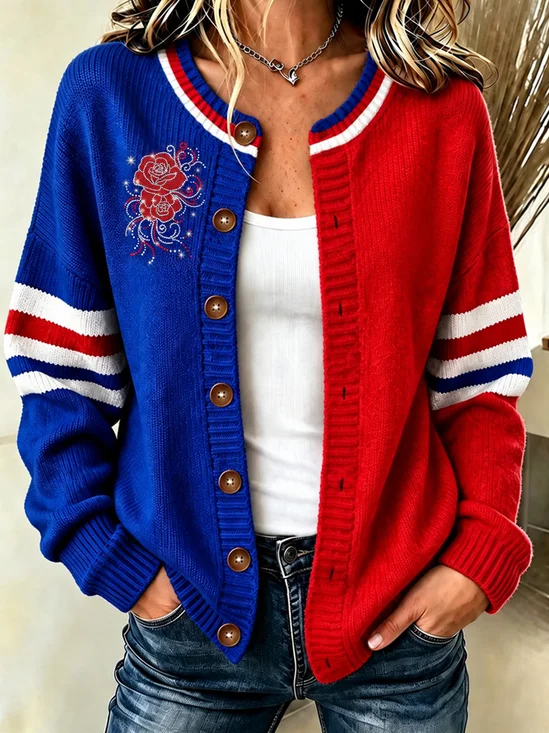 Women Geometric Long Sleeve Crew Neck Casual Spring/Fall Cardigan Outerwear
