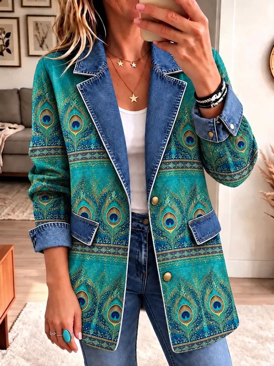 Women Abstract Long Sleeve Lapel Collar Vintage Spring/Fall Jacket Outerwear