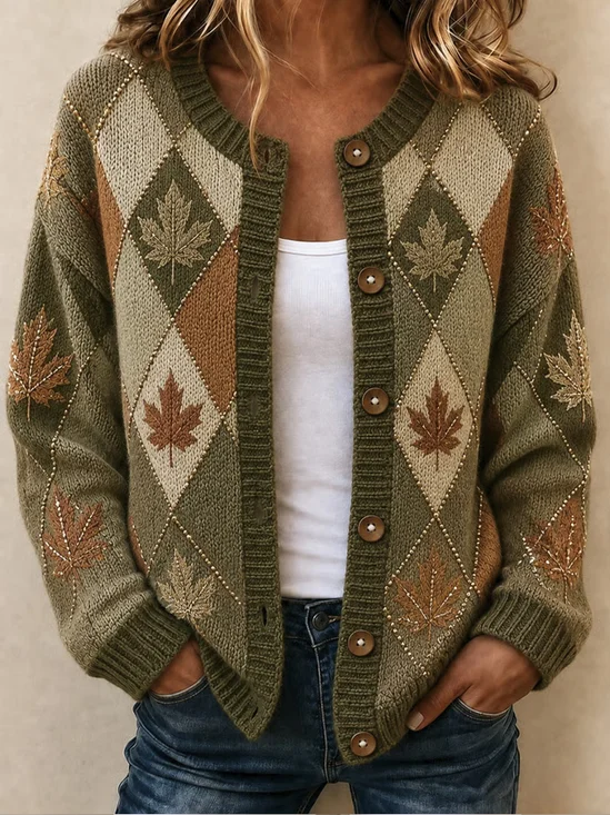 Women Maple Leaf Long Sleeve Crew Neck Casual Spring/Fall Cardigan Outerwear