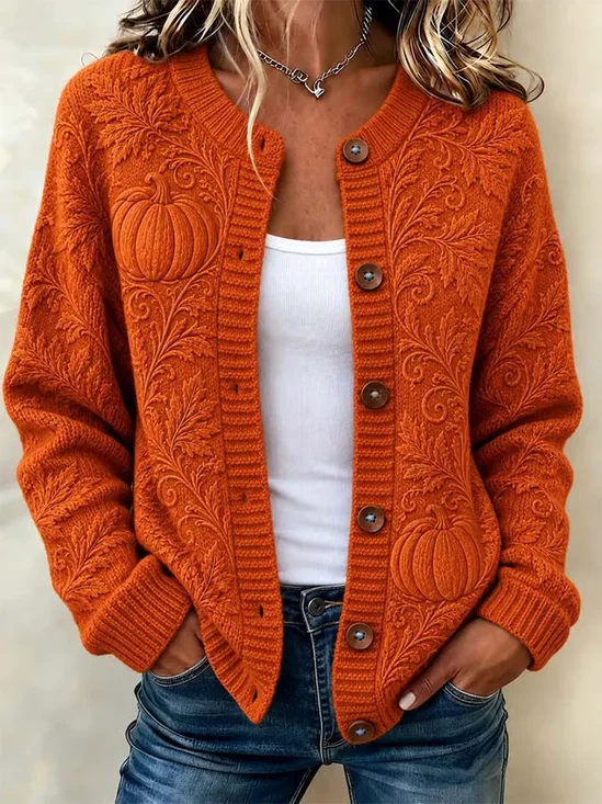 Women Maple Leaf Printing Long Sleeve Crew Neck Vintage Spring/Fall Cardigan Outerwear