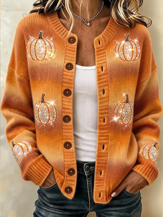 Women Pumpkin Pattern Long Sleeve Crew Neck Casual Spring/Fall Cardigan Outerwear
