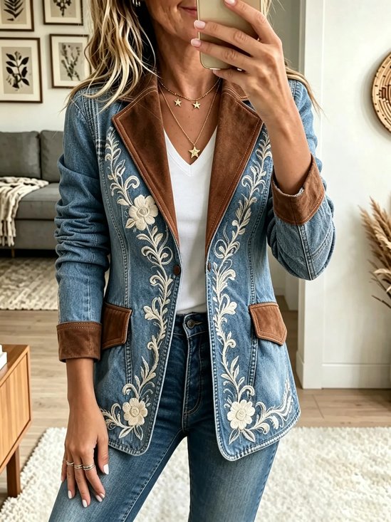 Women Geometric Long Sleeve Lapel Collar Vintage Spring/Fall Jacket Outerwear