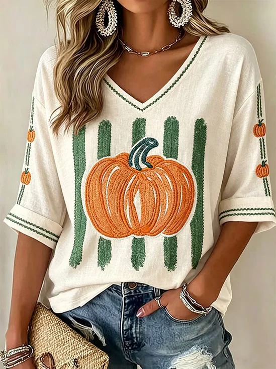 Women Geometric Half Sleeve Tee T-shirt V Neck Printing Vintage Summer Top