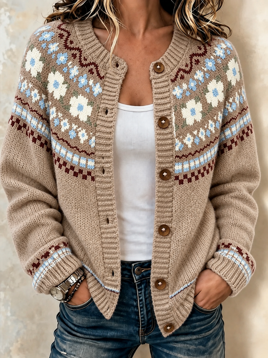 Women Geometric Long Sleeve Crew Neck Casual Spring/Fall Cardigan Outerwear