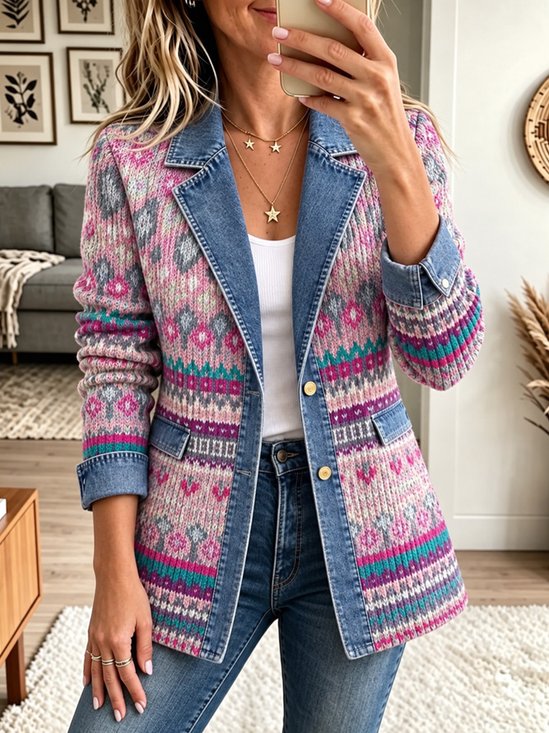 Women Geometric Long Sleeve Lapel Collar Casual Spring/Fall Jacket Outerwear