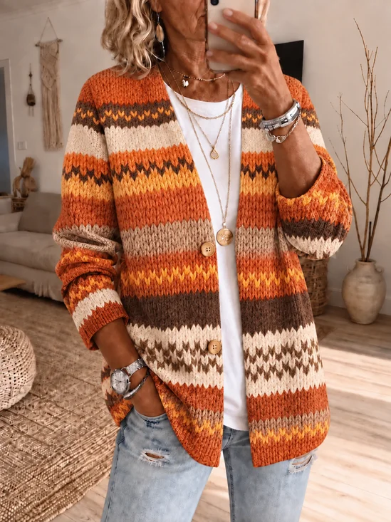 Women Geometric Printing Long Sleeve Casual Spring/Fall Jacket Outerwear