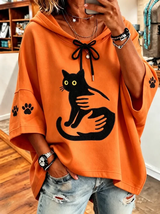Women Cat Half Sleeve Casual Holiday Spring/Fall Hoodie