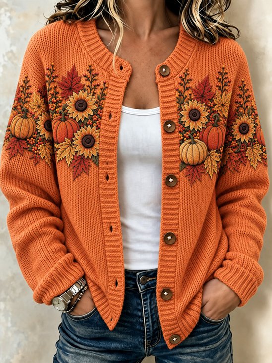 Women Maple Leaf Long Sleeve Crew Neck Casual Spring/Fall Cardigan Outerwear