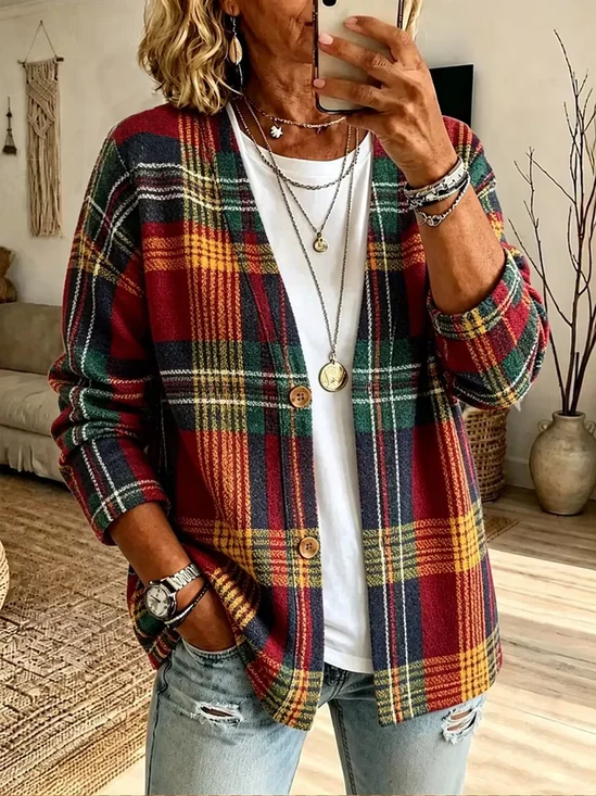 Women Plaid Printing Long Sleeve Casual Spring/Fall Jacket Outerwear