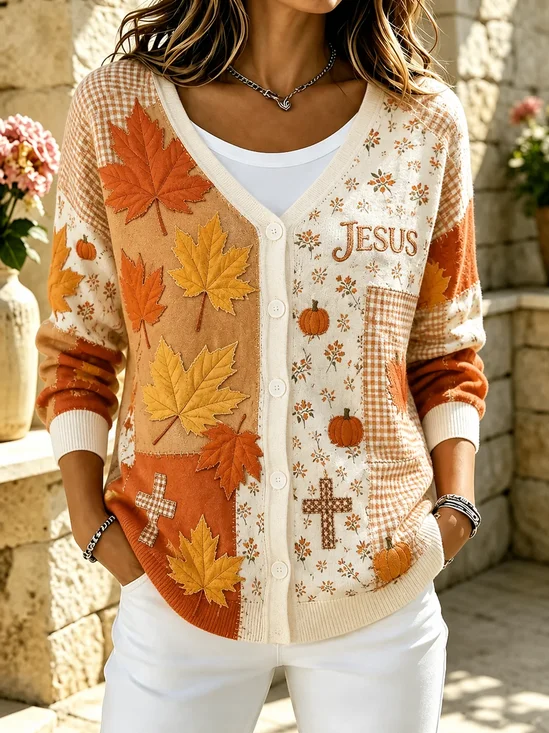 Women Maple Leaf Long Sleeve V Neck Casual Spring/Fall Cardigan Outerwear