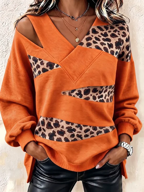 Women Color Block V Neck Casual Spring/Fall Long Sleeve Sweatshirt