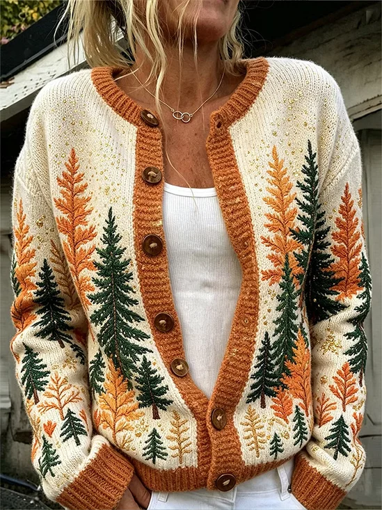 Women Tree Long Sleeve Crew Neck Casual Spring/Fall Cardigan Outerwear