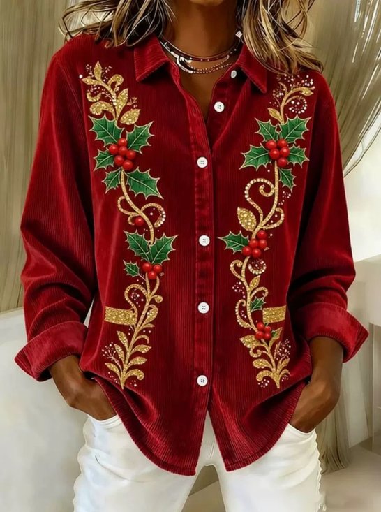 Women Christmas Shirt Collar Long Sleeve Shirt Vintage Holiday Spring/Fall Top
