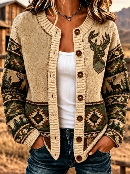 Women Wild West Printing Long Sleeve Crew Neck Vintage Spring/Fall Cardigan Outerwear